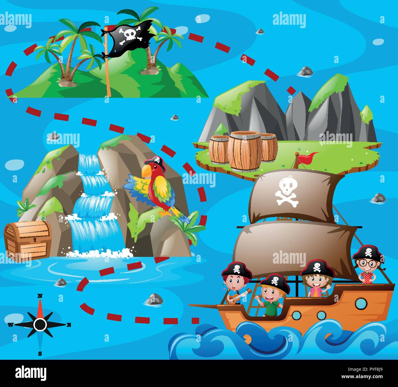 Kinder Auf Schiff Und Schatzkarte Abbildung Stock Vektorgrafik Alamy