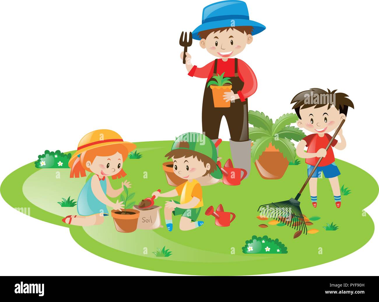 Gärtner und viele Kinder im Garten Abbildung arbeiten Stock