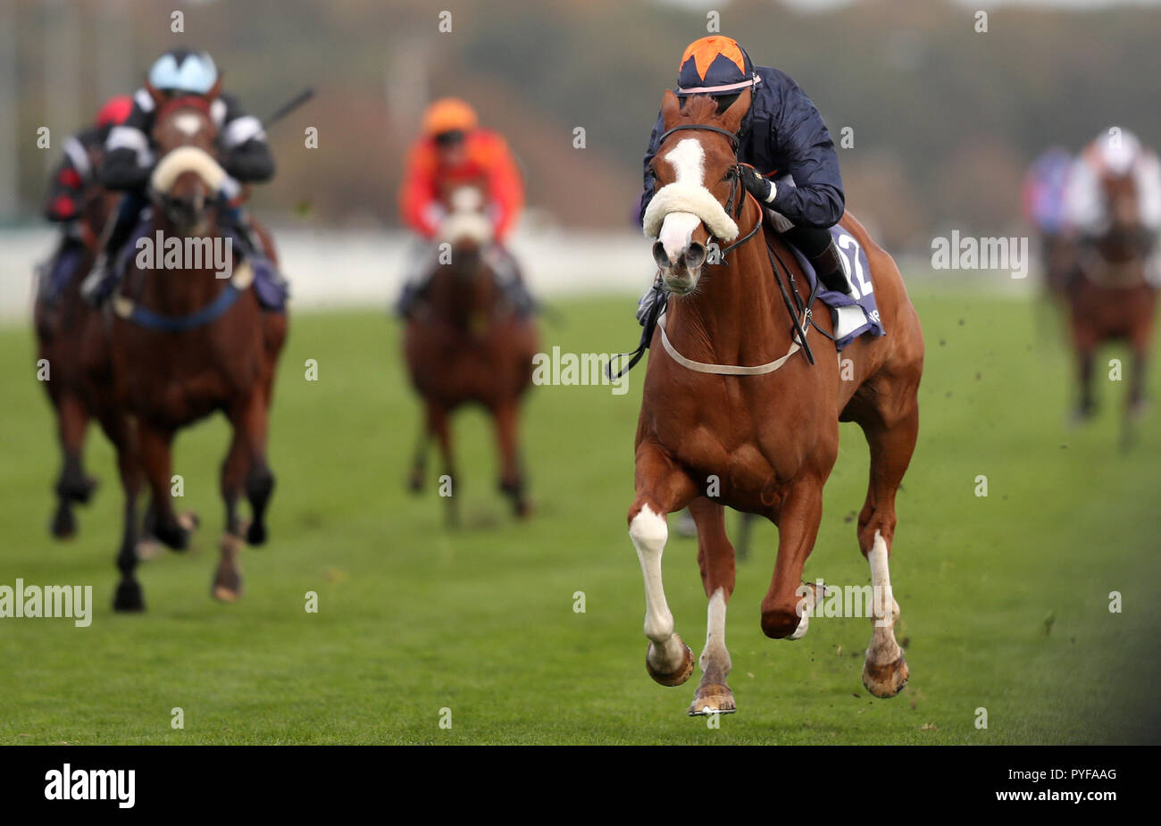 Morgen Wunder, geritten von Josephine Gordon (rechts) gewinnt den Vertem Vert verschiedene Stockbrokers Handicap Einsätze während der Vertem Futurity Trophy Tag in Doncaster Racecourse. Stockfoto