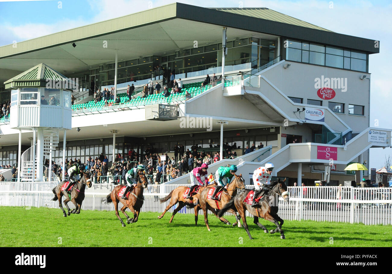 Läufer und Reiter in der Irischen Hengst Farmen EBF Stuten Anfänger Chase während des Tages eine der Oktober Festival in Galway Pferderennbahn. Stockfoto