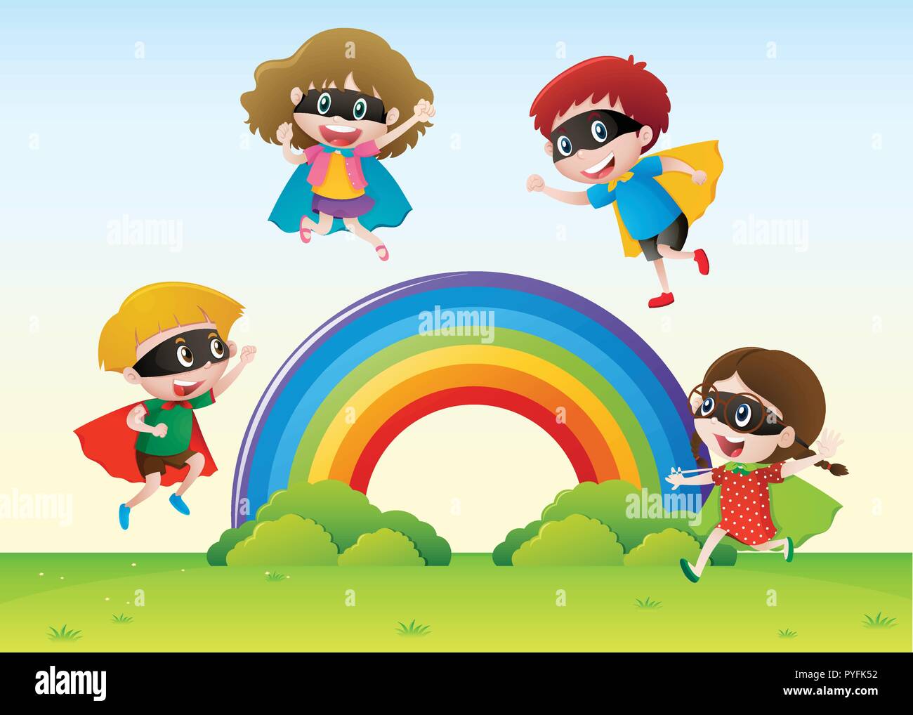 Kinder verkleidet als Held in park Abbildung flying Stock Vektor