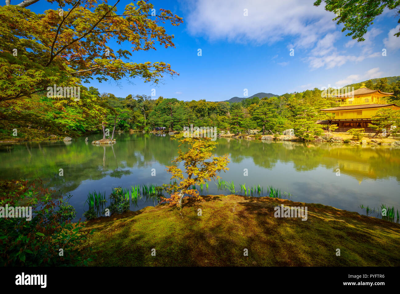 Kinkakuji goldenen Pavillon Rokuonji, UNESCO-Welterbe von Kyoto, am See wieder. Die Goldenen Pavillon, dessen zwei obersten Etagen komplett mit Blattgold bedeckt sind, ist eine alte Zen Tempel. Tag Licht gedreht. Stockfoto