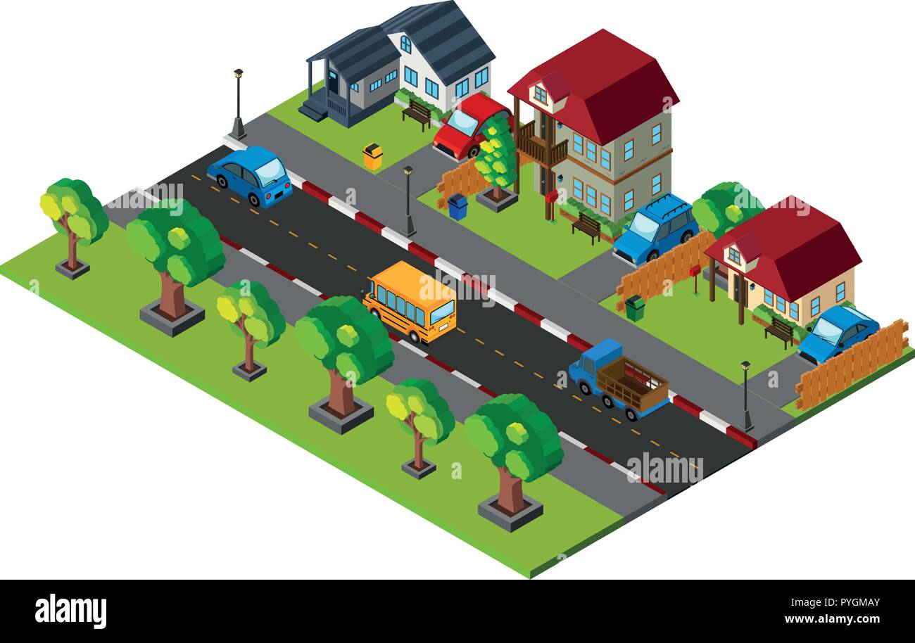 3D-Design für die Stadt mit Häusern und Autos Abbildung Stock Vektor