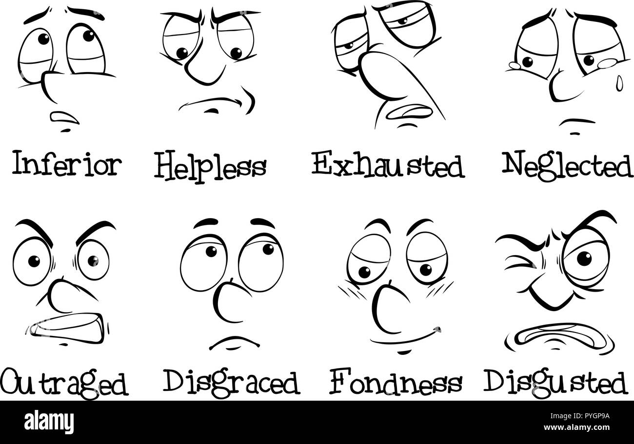 Acht verschiedene Emotionen des Menschen Abbildung Stock Vektor