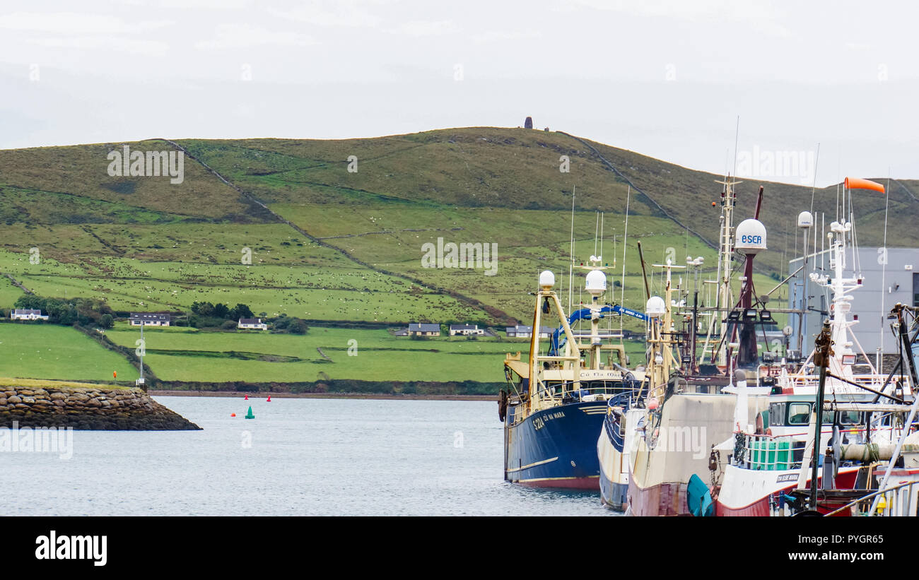 Dingle, Kerry/Irland - 22. September 2018: Fischerboote im Hafen von Dingle mit irischen Landschaft über die Bucht vor Anker Stockfoto