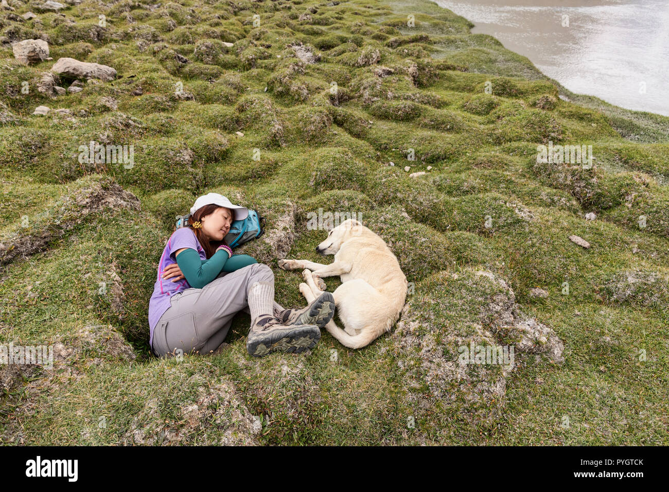 Trekker nap mit lokalen Hund in Engels Peak Hill, Langar, tadschikischen Wakhan, Pamir, Tadschikistan Stockfoto