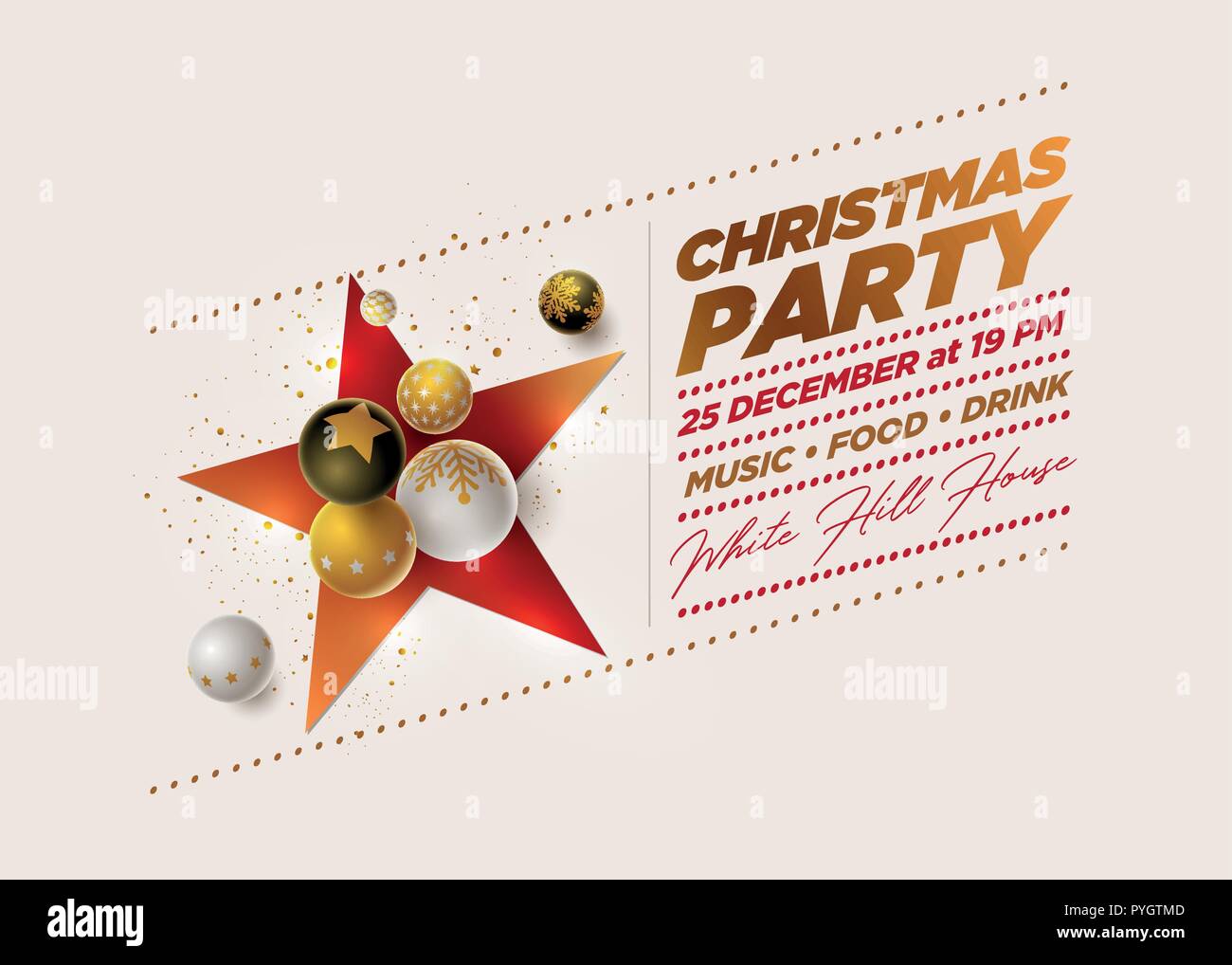 Vektor Weihnachtsfeier poster Design Template mit 3d-weiß, schwarz und gold Weihnachtskugeln. Elemente werden separat in Vektordatei geschichtet. Stock Vektor