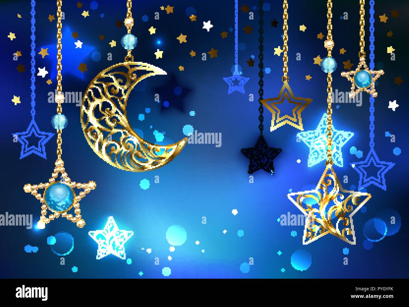 Gold, Jewel Crescent mit Sekt, wertvolle Sterne hängen an goldene Ketten auf leuchtenden blauen Hintergrund. Stock Vektor