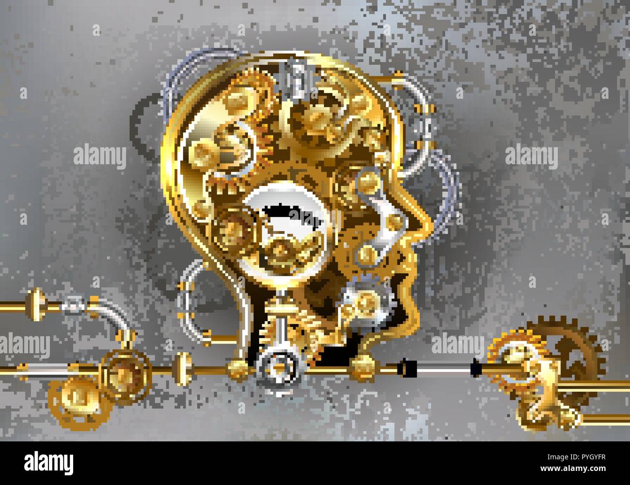 Konzeptionelle, Mechanik, menschlichen Kopf mit antiken Manometer und Metal Gears gegen Grau industriellen Hintergrund. Steampunk Stil. Stock Vektor