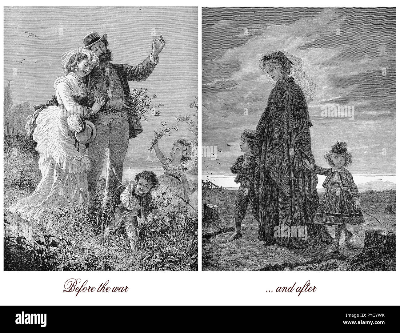 Traurig Bildpaar vergleichen der Familie vor und nach dem Krieg, wo der Ehemann und Vater getötet wurde, Glück mit einem Leben zerstört Stockfoto