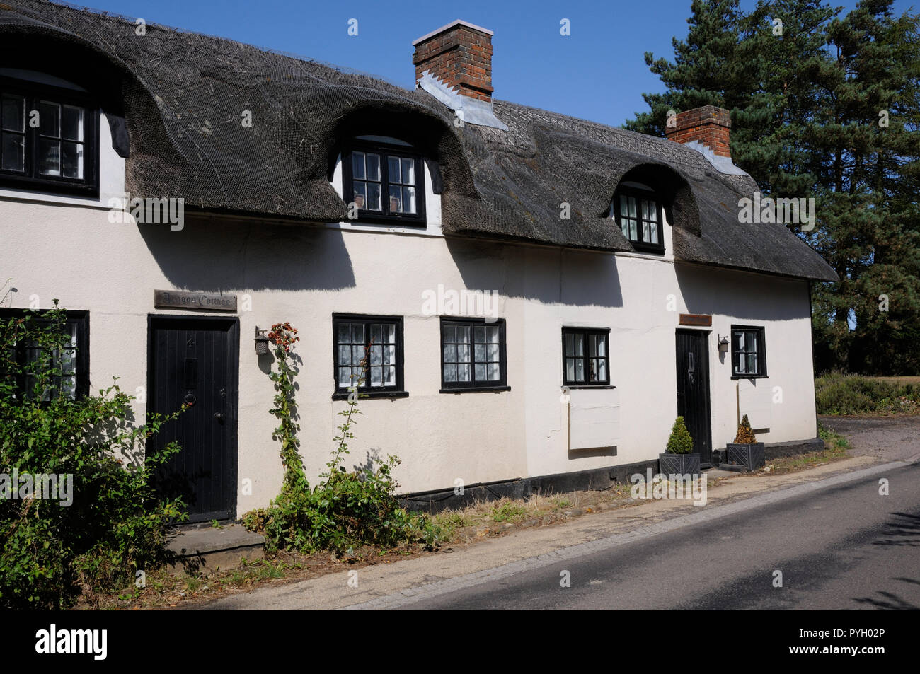 Hainbuche, Great Wymondley, Hertfordshire, ist eine Reihe von strohgedeckten Hütten, die den Namen Frauen haben wiederhergestellt Stockfoto