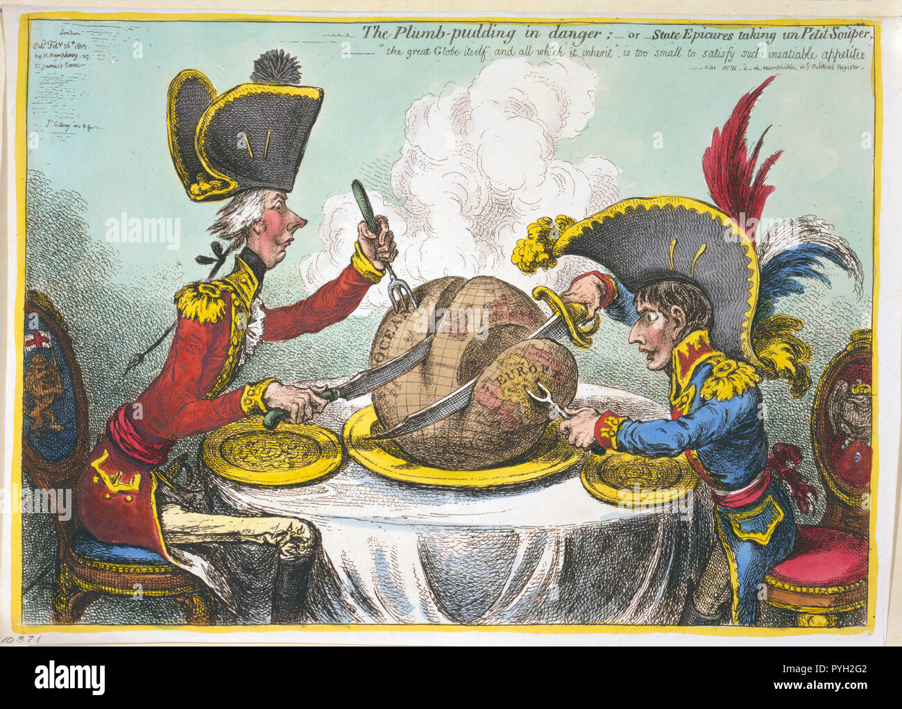 William Pitt, das Tragen eines Regiments Uniform und Mütze, sitzt an einem Tisch mit Napoleon. Sie sind jeweils das Schnitzen eines großen plumpudding auf die eine Karte der Welt. Stockfoto