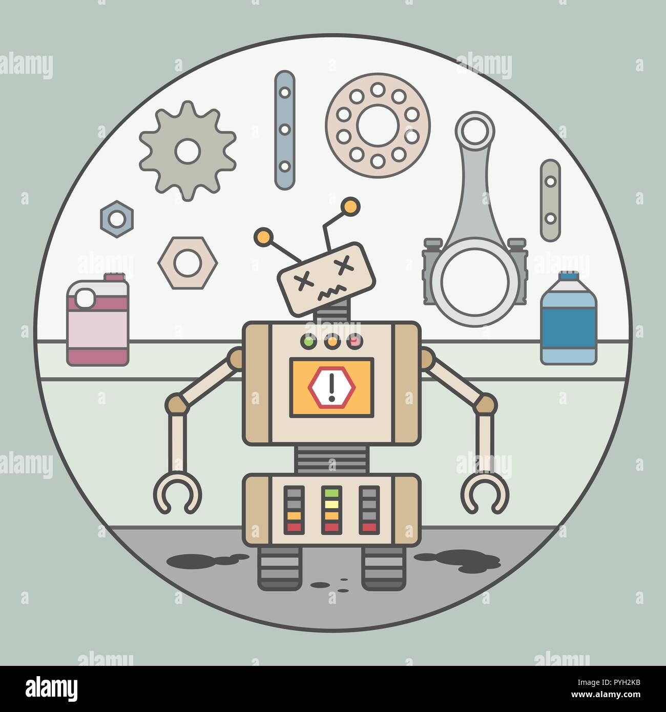 Ein Vektor Illustration der gebrochenen Roboter zeigt Fehler. Starb Roboter in der Nähe der Teile für die Reparatur store Stock Vektor