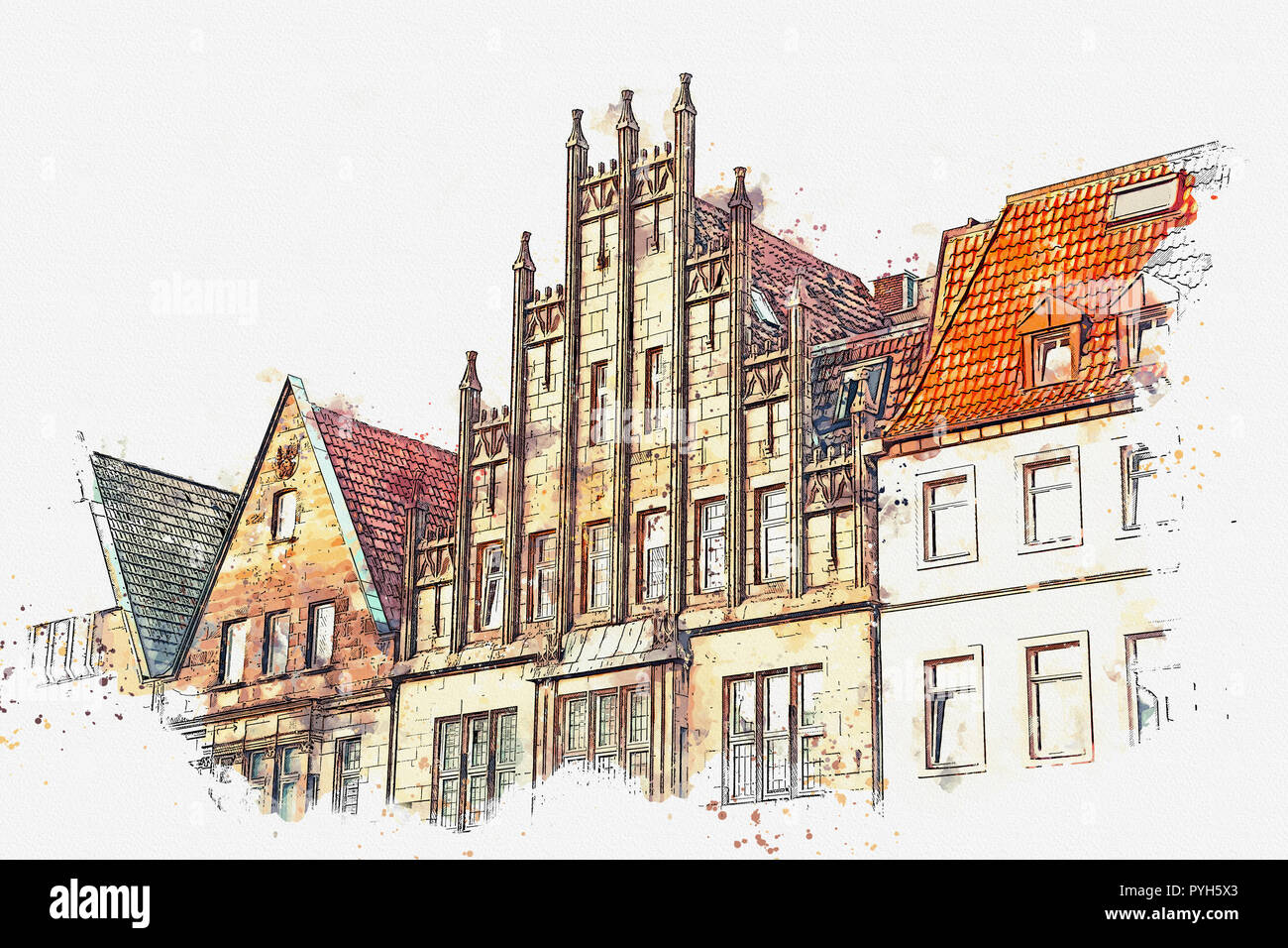 Abbildung oder Aquarell Skizze. Architektur oder die alten Häuser auf die Straße der Stadt ältesten Principalmark in Münster in Deutschland. Die Häuser wurden bu Stockfoto