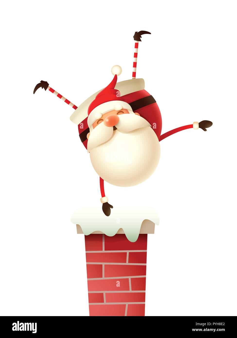 Santa Claus stehend auf seine Hand auf der Schornstein und die Welle mit der anderen Hand - auf weißem Hintergrund Stock Vektor