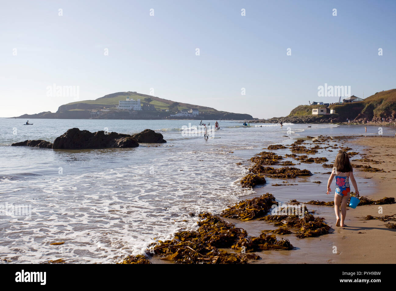 Bigbury Strand mit Burgh Island. Devon England Stockfoto