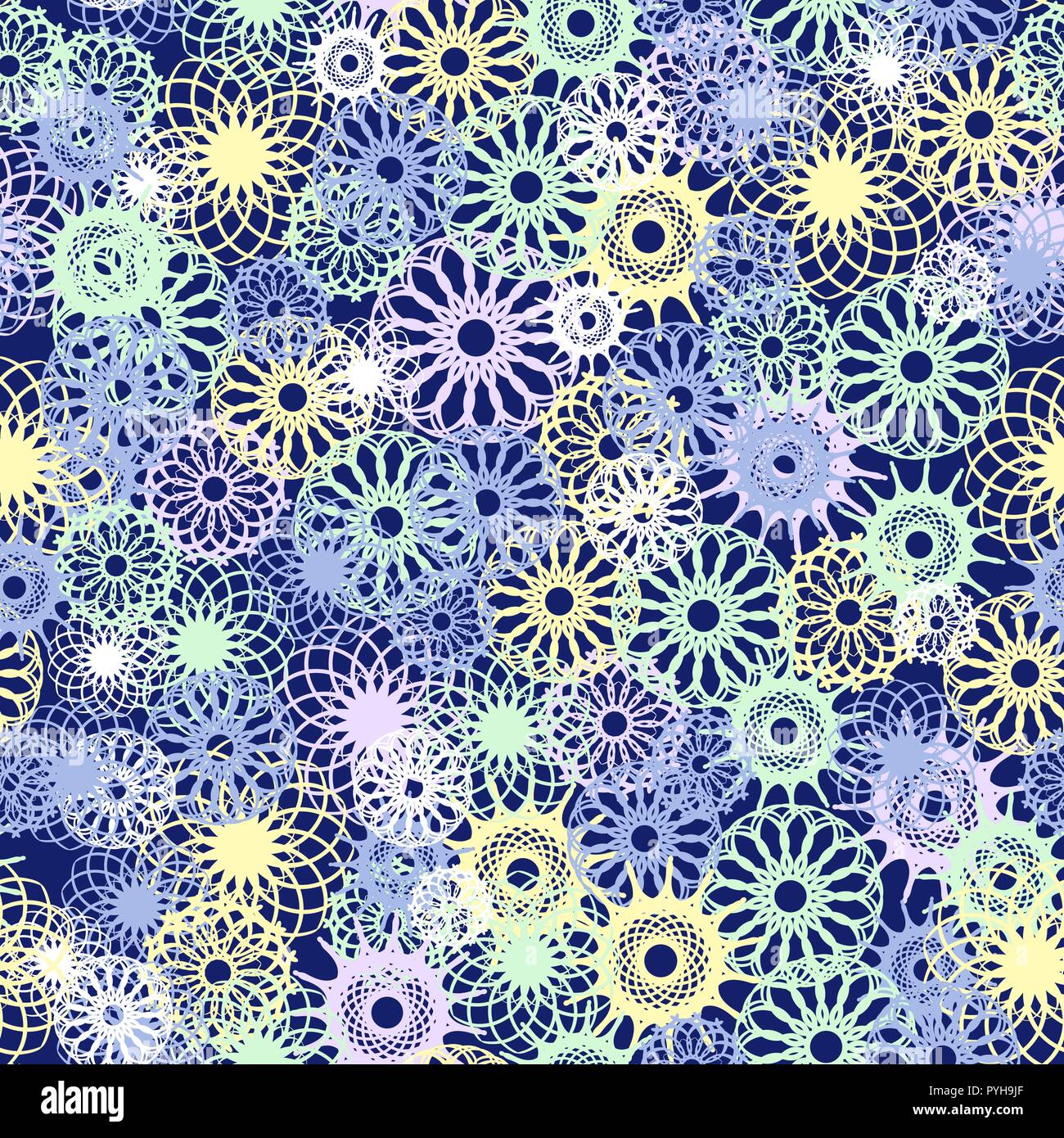 Nahtlose Muster mit abstrakten Schneeflocken in Form von dekorativen Formen, handzeichnung Vektor in zarten Farbtönen auf dem blauen Hintergrund Stock Vektor