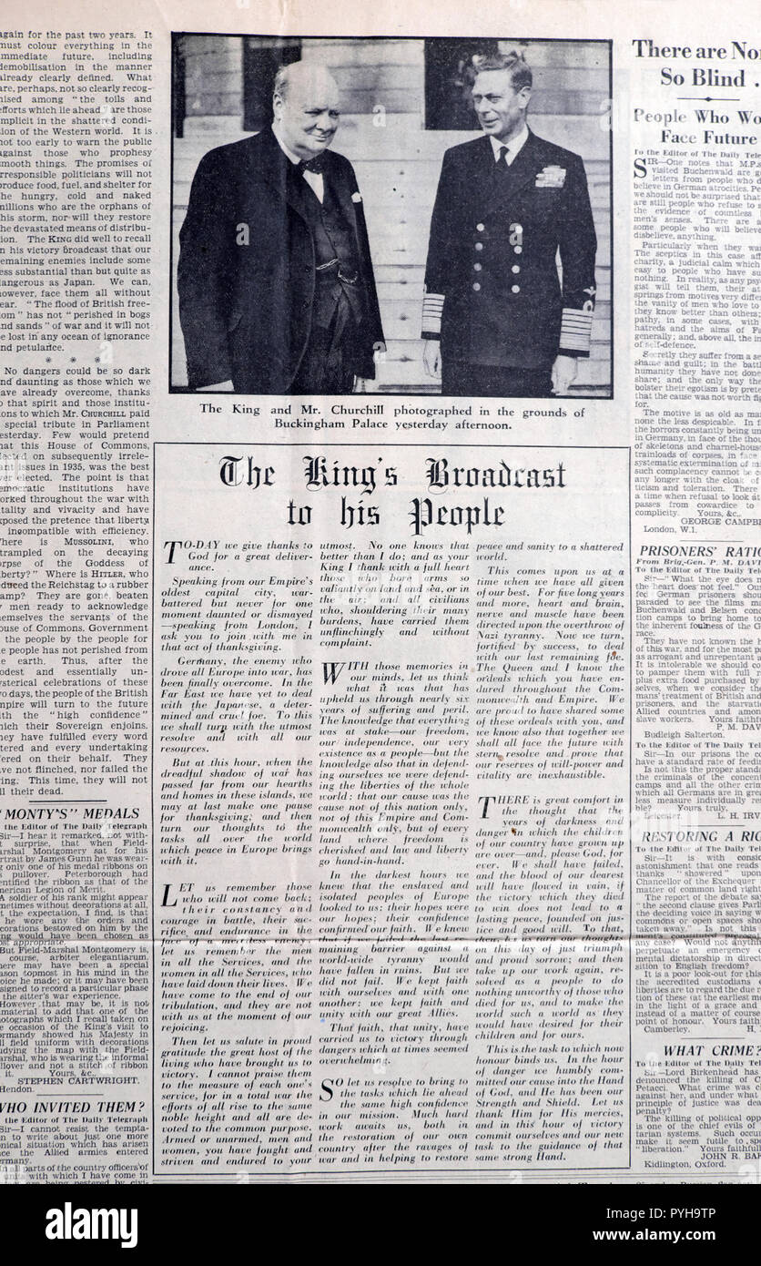 Der Daily Telegraph Zeitung King George VI&Winston Churchill & die Könige Broadcast rede Artikel 8. Mai VE-Tag am 9. Mai 1945 in London, England, Großbritannien Stockfoto