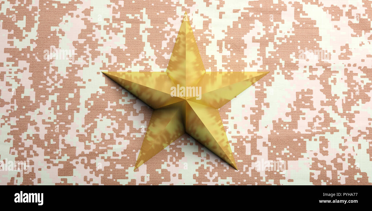 Das amerikanische Militär digital desert Muster einheitlichen Hintergrund und einen goldenen Stern. 3D-Darstellung Stockfoto