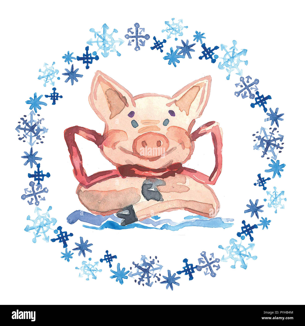 Aquarell Winter Grußkarte mit niedlichen Schwein mit Schleife. 2019 Chinesisches neues Jahr des Schweins. Aquarell Abbildung. Stockfoto