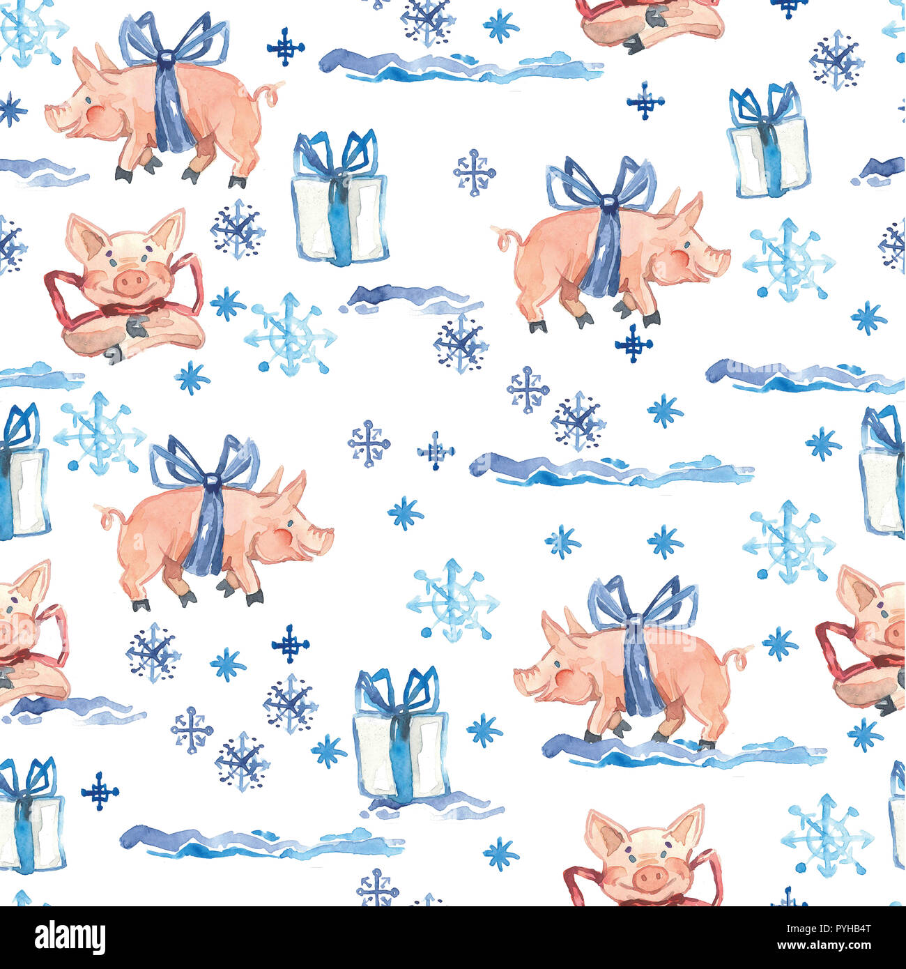 Neues Jahr nahtlose Muster mit niedlichen Schweine, Weihnachtsgeschenke und Schneeflocken. 2019 Chinesisches Jahr Symbol. Design Element für Textil, Verpackung, Scrapbooking oder Tapeten. Stockfoto