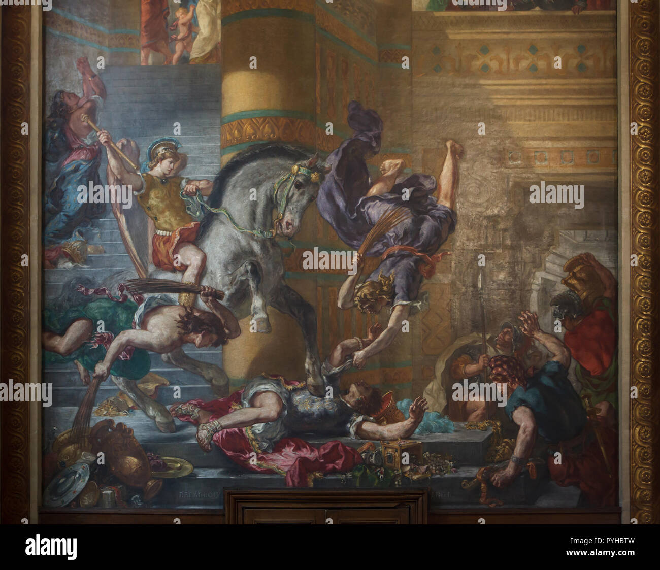 Vertreibung des Heliodor aus dem Tempel. Wandmalerei von Französischen romantischen Maler Eugène Delacroix (1855 - 1861) in der Kapelle der Heiligen Engel in der Kirche von Saint-Sulpice (Église Saint-Sulpice) in Paris, Frankreich. Stockfoto