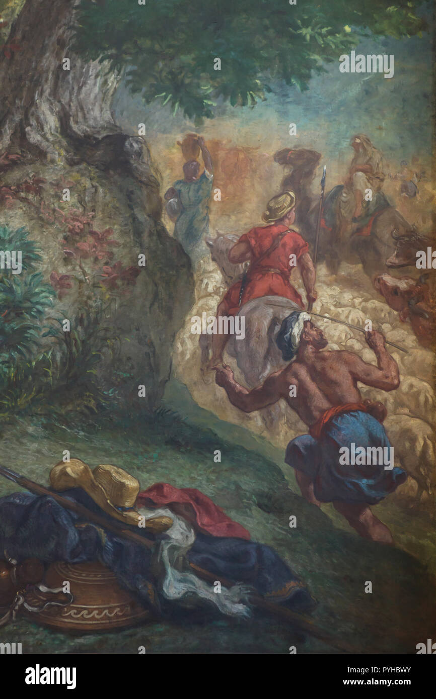 Hirten mit ihren Schafen im Detail der Wandmalerei dargestellt "Jakobs Kampf mit dem Engel" von Französischen romantischen Maler Eugène Delacroix (1855 - 1861) in der Kapelle der Heiligen Engel in der Kirche von Saint-Sulpice (Église Saint-Sulpice) in Paris, Frankreich. Stockfoto