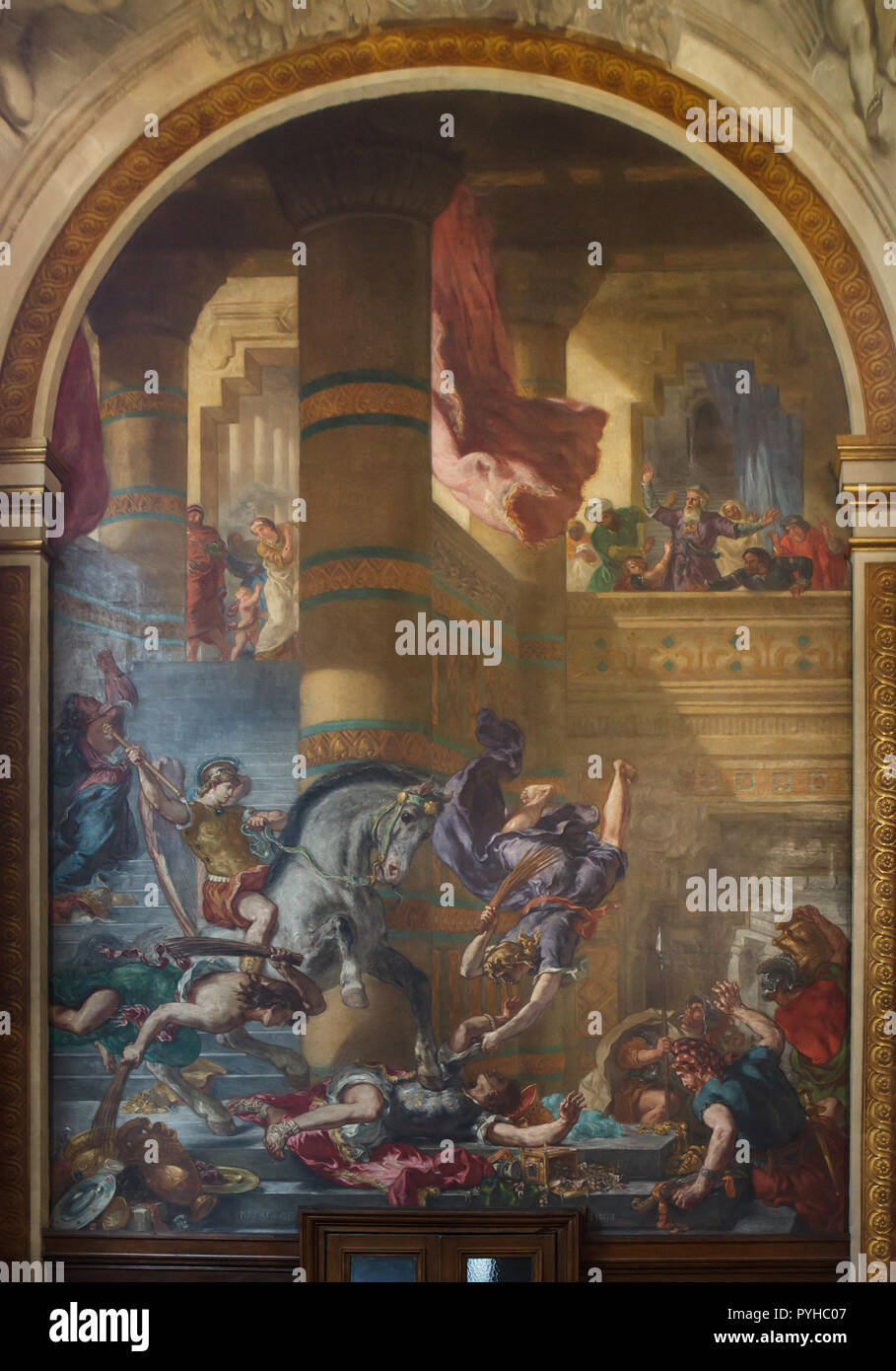 Vertreibung des Heliodor aus dem Tempel. Wandmalerei von Französischen romantischen Maler Eugène Delacroix (1855 - 1861) in der Kapelle der Heiligen Engel in der Kirche von Saint-Sulpice (Église Saint-Sulpice) in Paris, Frankreich. Stockfoto