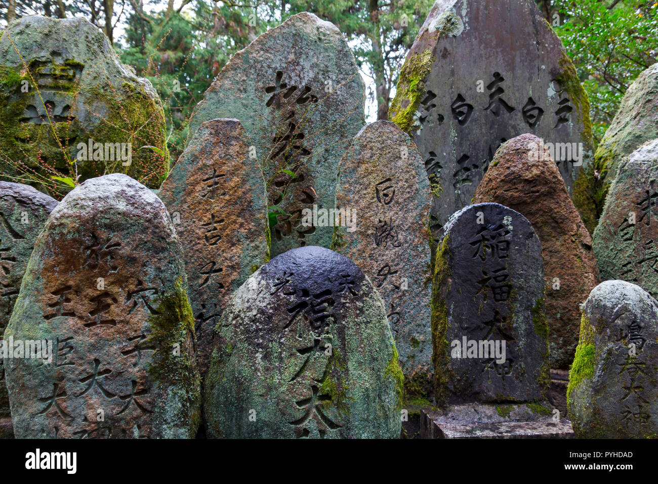 Japanischer Text 'kanji' in Steinen in Kyoto, Japan geschnitzt Stockfoto