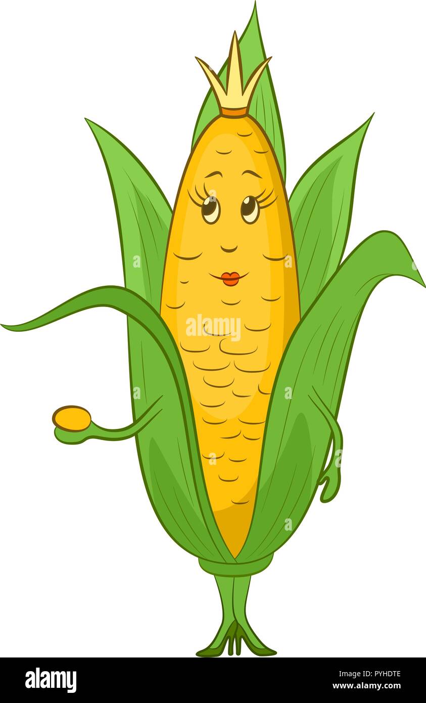 Cartoon Mais Mais, Charakter Königin mit einer goldenen Krone auf dem Kopf, isoliert auf weißem Hintergrund. Vektor Stock Vektor