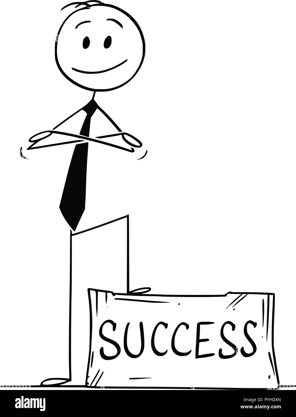 Cartoon von zuversichtlich Mann oder Geschäftsmann auf Werkstein mit Erfolg Text mit gekreuzten Armen Stock Vektor