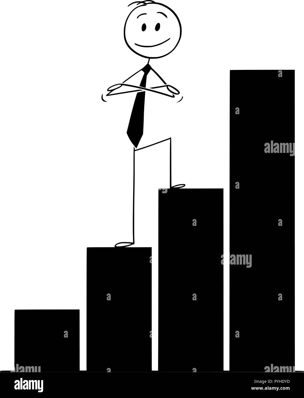 Cartoon von zuversichtlich Mann oder Geschäftsmann auf wachsende Chart mit gekreuzten Armen Stock Vektor
