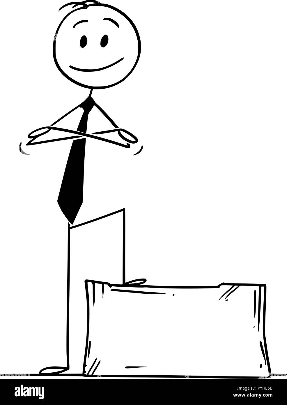 Cartoon von zuversichtlich Mann oder Geschäftsmann auf Steinblock oder Werkstein mit verschränkten Armen Stock Vektor