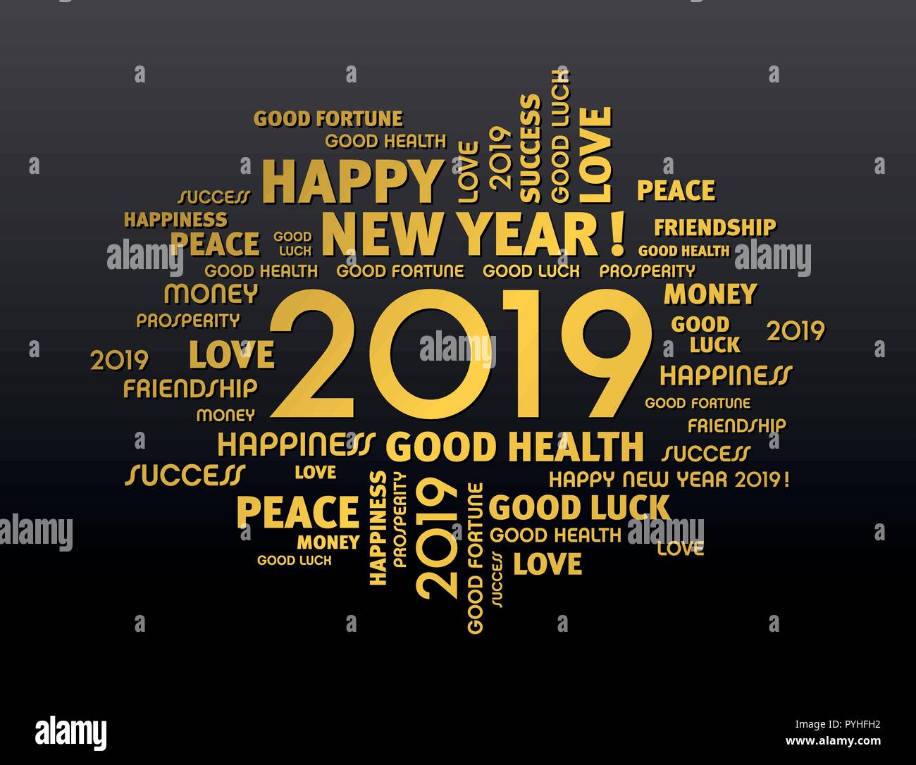 Gold gruss Worte rund um Neues Jahr Datum 2019, auf schwarzem Hintergrund Stock Vektor