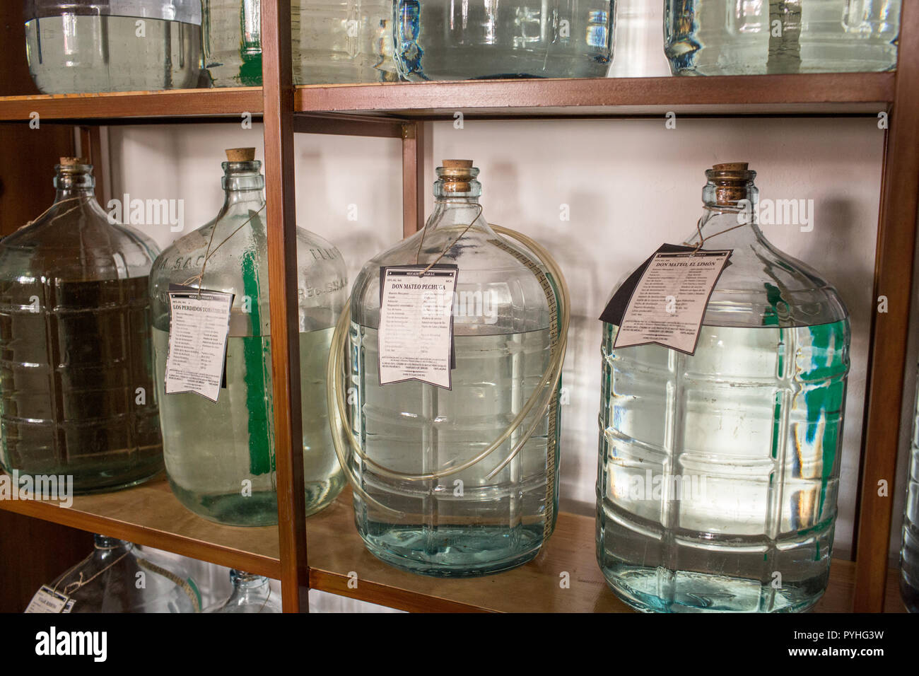 Krüge von Mezcal am Sitz der Genossenschaft von Mezcaleros Chontales Tres Colibr" in Oaxaca, Oaxaca, Mexiko, 7. November 2017. Mezcal ist eine traditionelle mexikanische Getränk, ist vor kurzem in der Popularität von Pumpen. Stockfoto