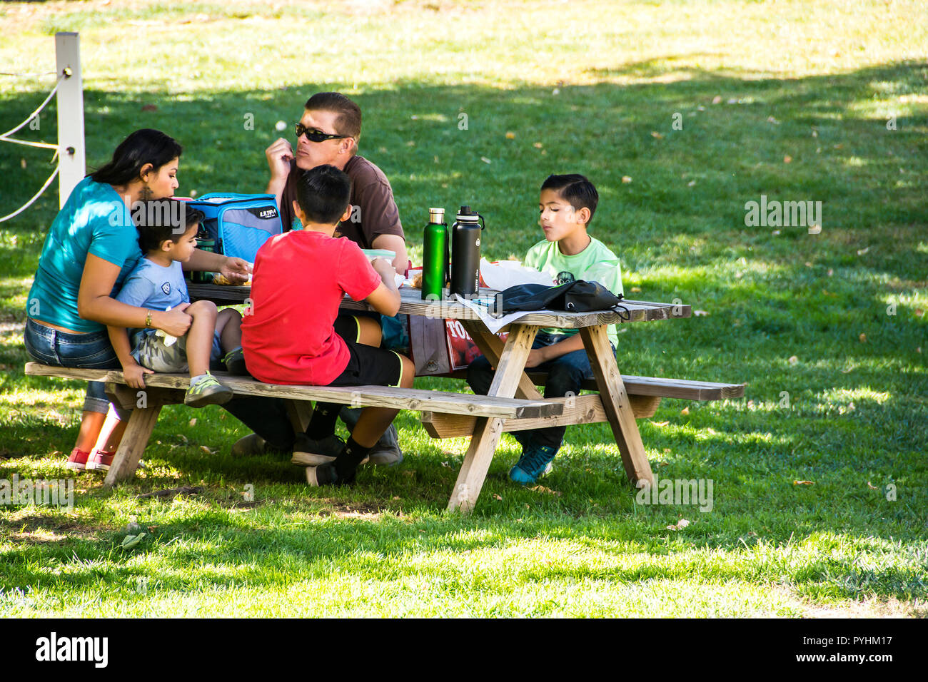 Familie von fünf Picknick; Eiche Glen, Kalifornien, USA Stockfoto