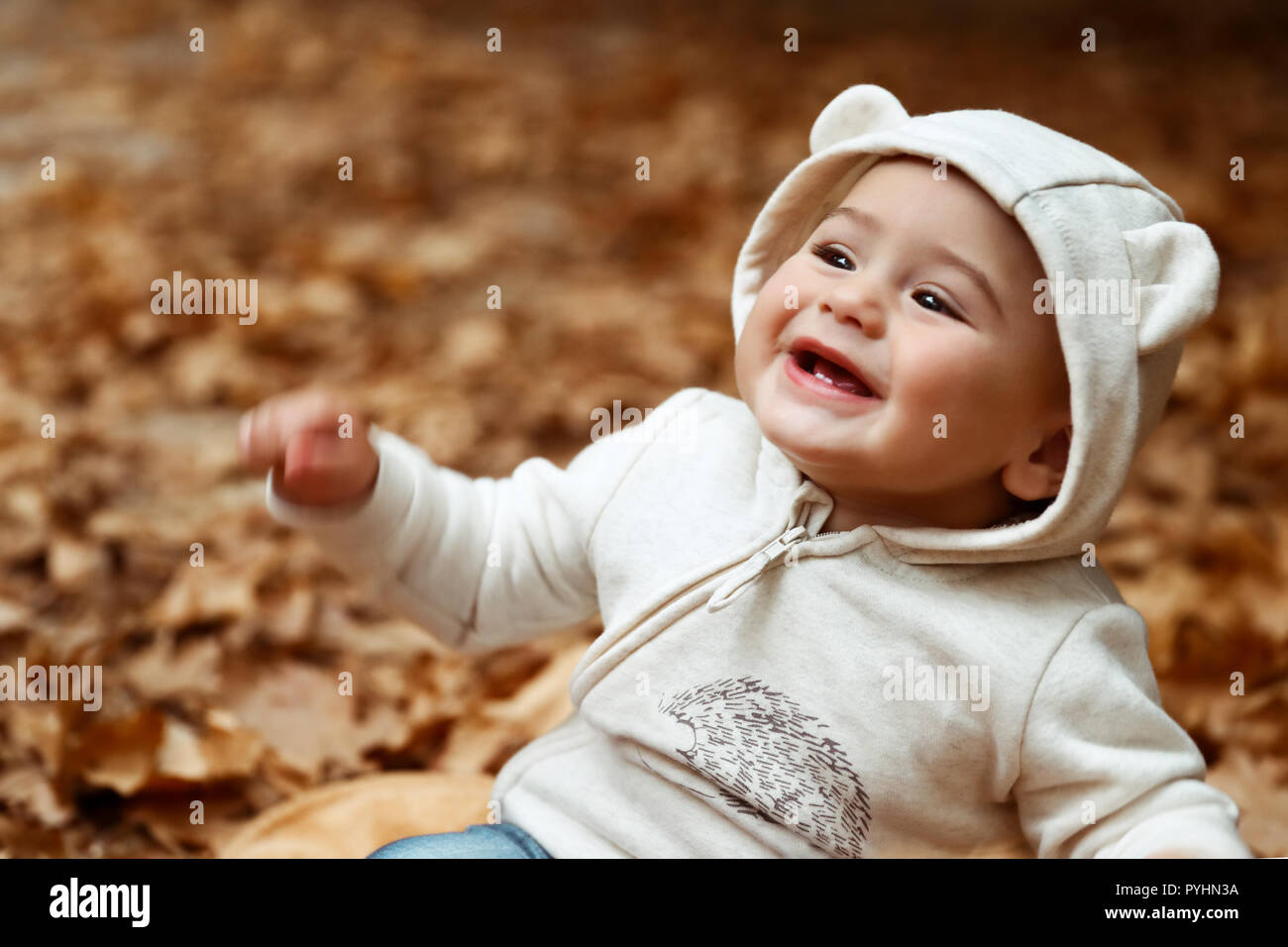 Porträt einer fröhlichen smiling baby Spaß im Herbst Wald, sitzen auf dem Trockenen baum laub, genießen die herbstlichen Urlaub Stockfoto