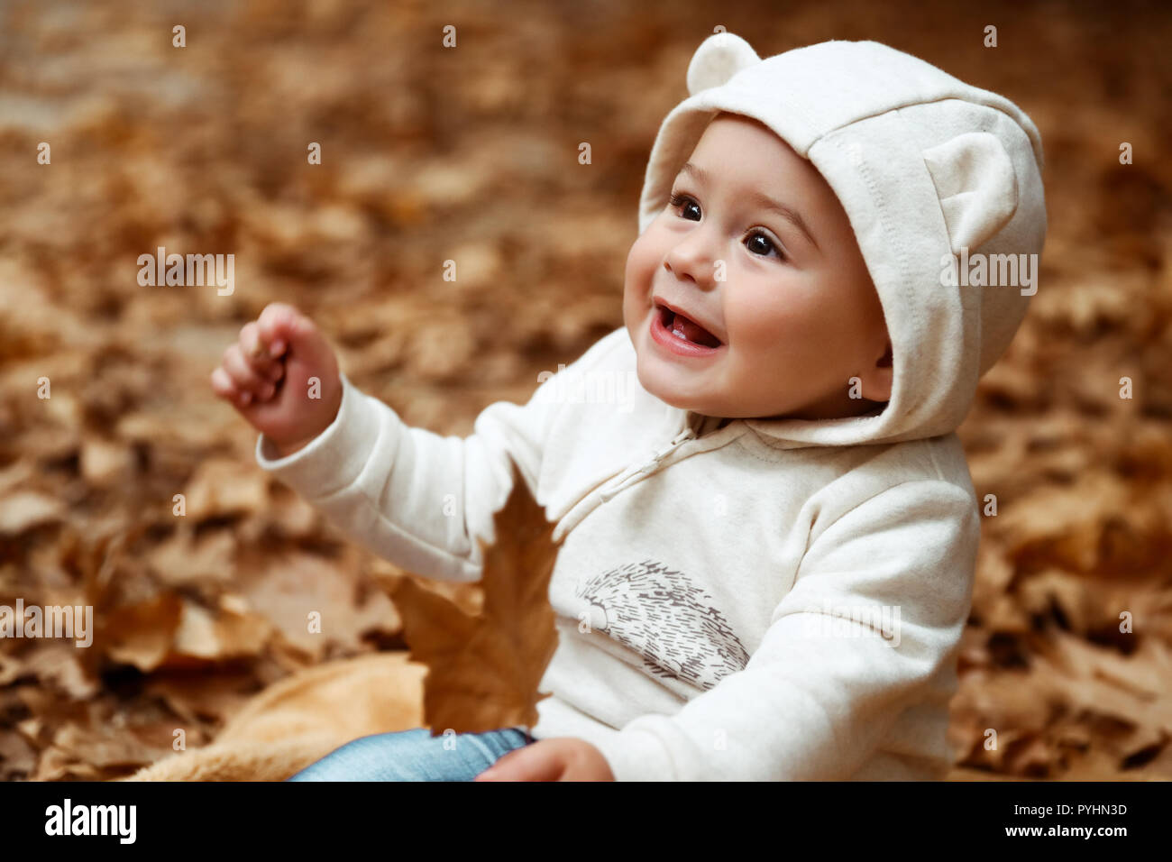 Porträt einer niedlichen Baby Boy mit Baum Blatt in den Händen auf dem Boden sitzend mit trockenen Baum Blätter im Herbst Park bedeckt, glückliche Kindheit Konzept Stockfoto