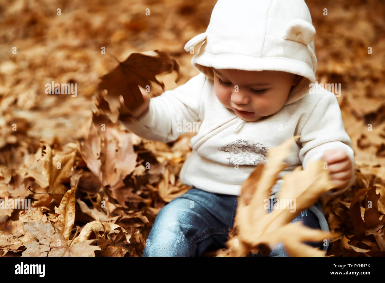 Cute Baby Junge spielt mit trockenen Baum Blätter im Herbst Park, Happy Baby genießen Sie warmen herbstlichen Jahreszeit Stockfoto
