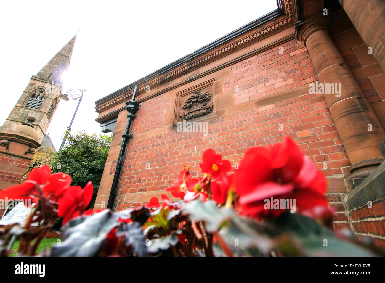 Blüten vor eine illustrierte Detail der Glasgow Motto, "Lassen Sie Glasgow Gedeihen", auf einem Backsteinbau, botanischen Gärten, Glasgow, Schottland Stockfoto
