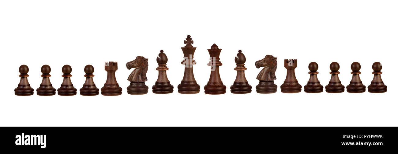 Holz- Schachfiguren auf weißem Hintergrund Stockfoto