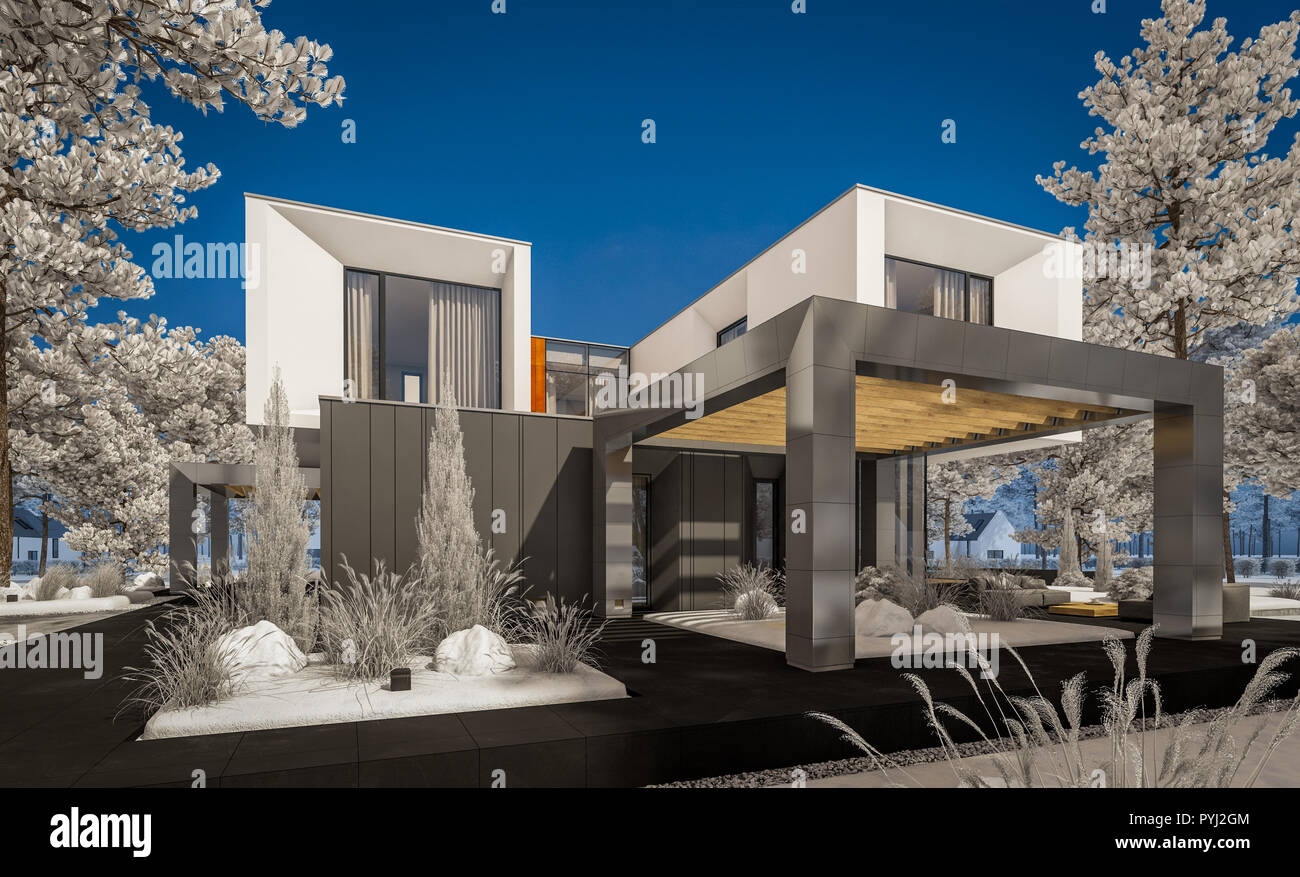 3d Rendering Des Modernen Gemutliches Haus Mit Garage Und Garten