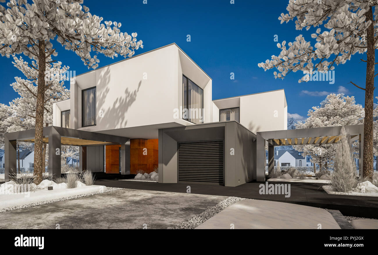 3d Rendering Des Modernen Gemutliches Haus Mit Garage Und Garten
