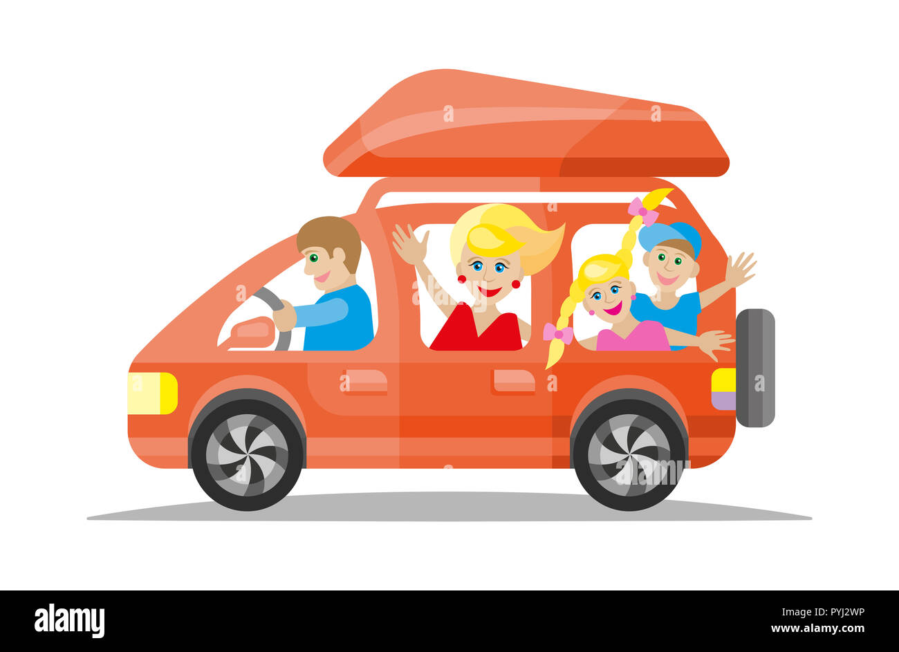 Glückliche Familie durch rote Auto reisen. Stockfoto