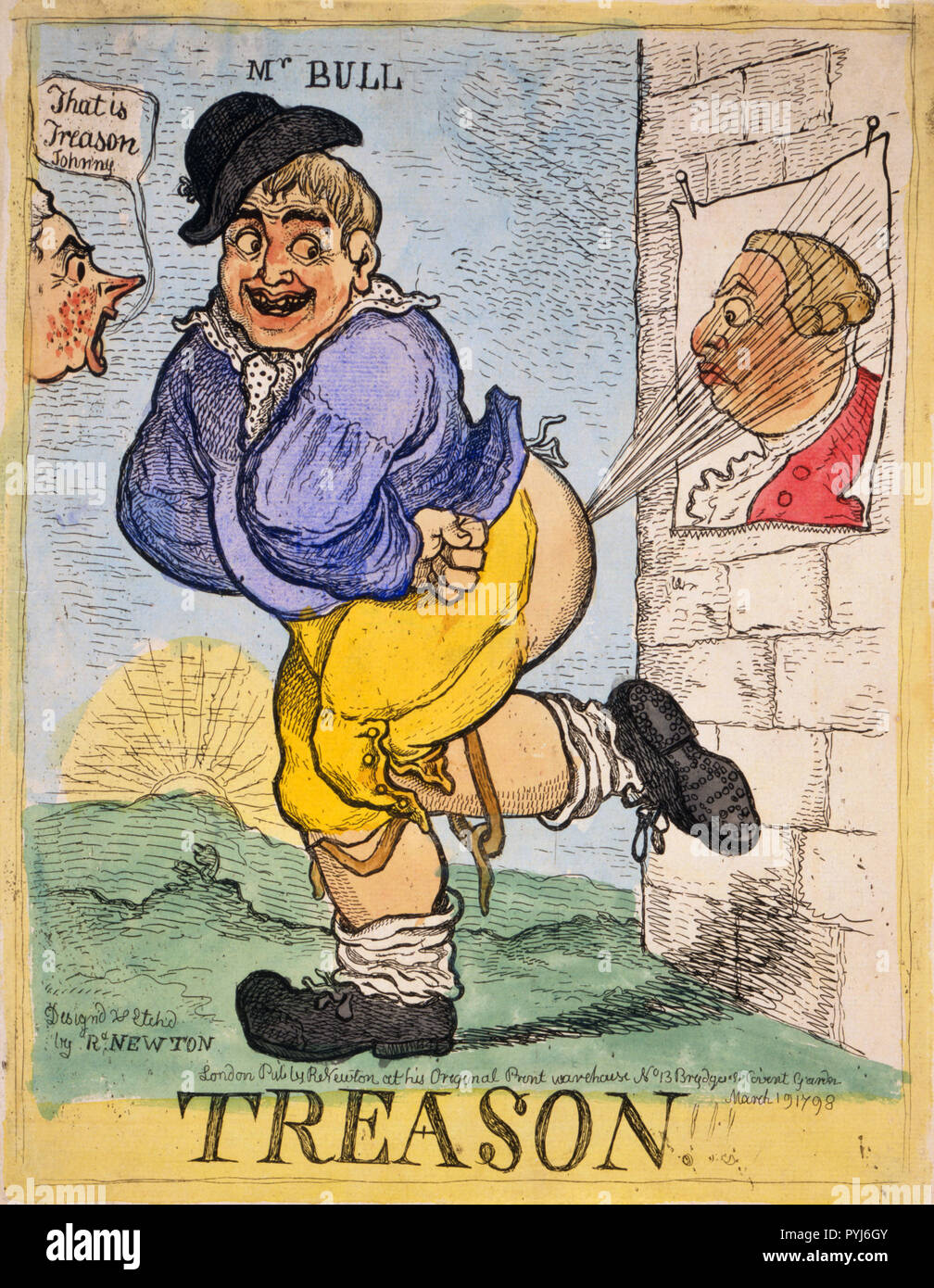 Eine stout, lächelnd John Bull leitet ein Knall von seinem hinteren Ende gegen ein Poster von König Georg III. an die Wand heftete. Das Bild der König sieht überrascht. Stockfoto