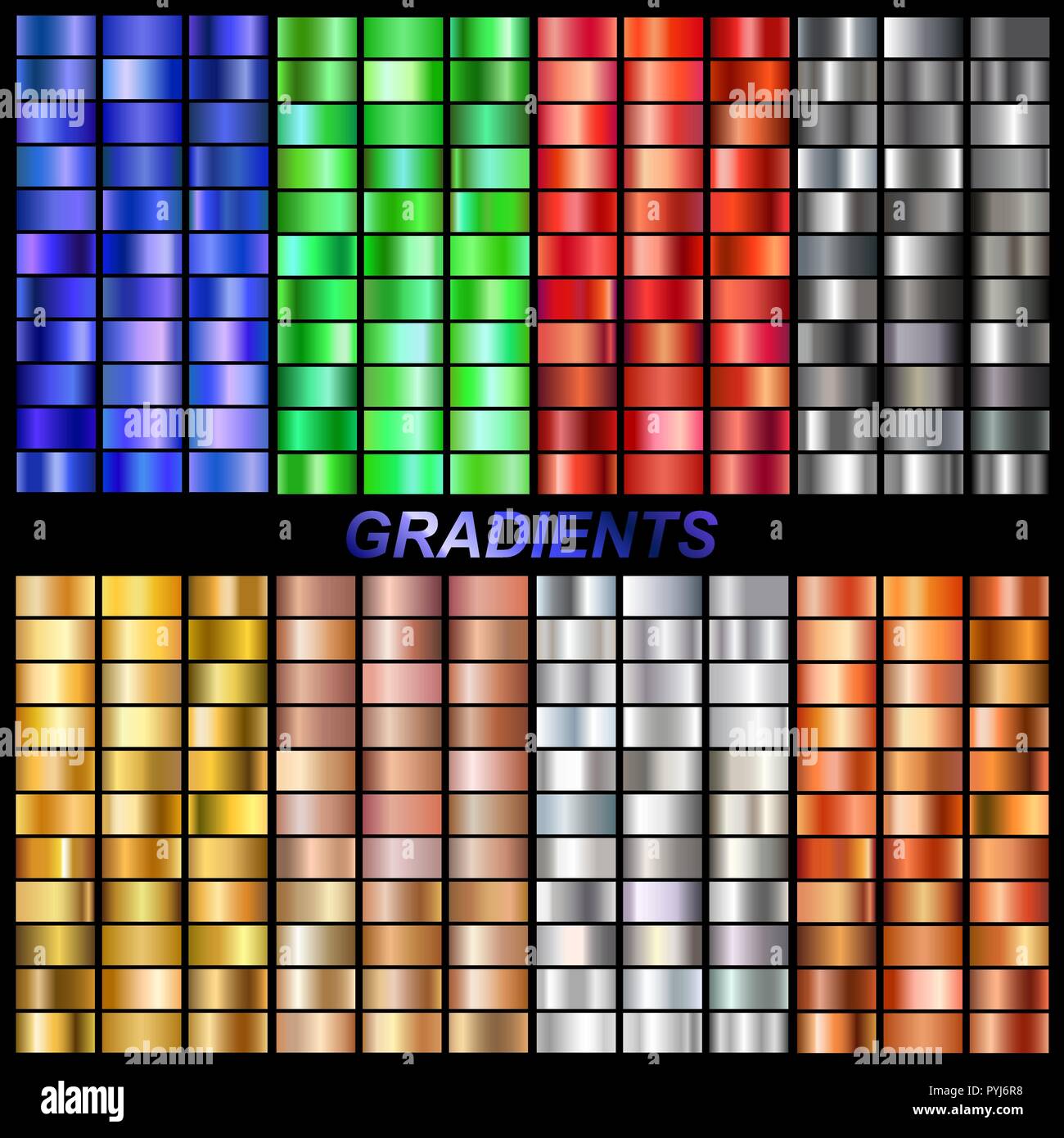 Der Vektor Gradienten Sammlung Sammlung metallic golden, Rose, Gold, Silber, Stahl, Bronze, Smaragd, Rubin, Saphir Gradienten Hintergrund Textur Stock Vektor