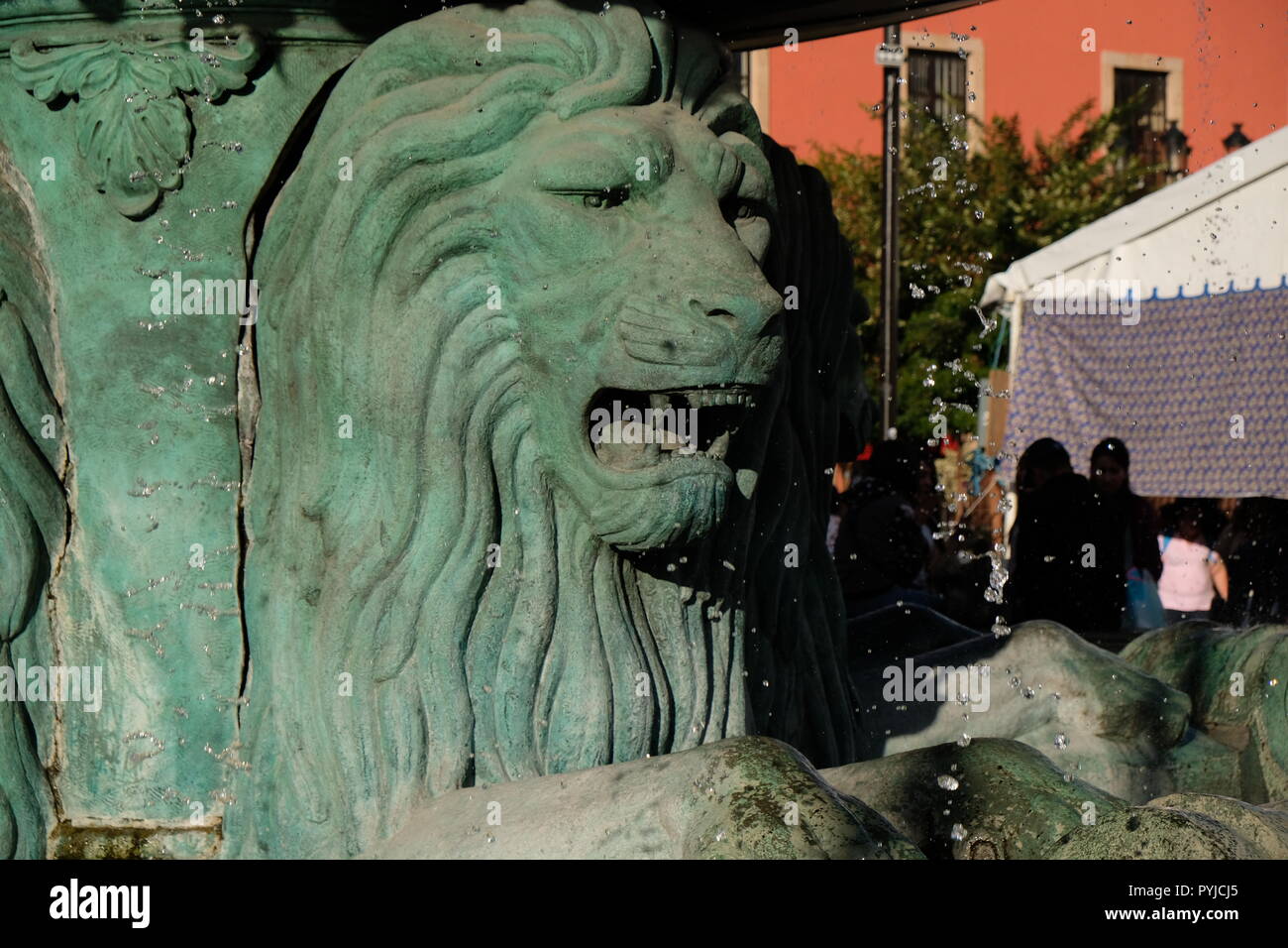 Detail eines Löwen, Teil der Fuente de los Leones (Lions' Brunnen) im Plaza Fundadores in der Innenstadt von León, Guanajuato, Mexiko. Stockfoto