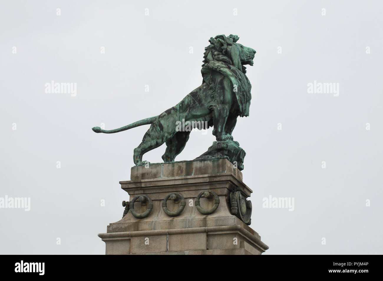 Bronzenen Löwen von österreichischen Bildhauers Rudolf Weyr auf der Löwenbrücke (Löwen Brücke) auf der Nussdorfer Wehr (Nussdorfer Wehr) an der Donau Kanal (Donaukanal) in Nussdorf Bezirk in Wien, Österreich. Die Nussdorfer Wehr gestaltet von österreichischen modernistischen Architekten Otto Wagner war von 1894 bis 1898 gebaut. Stockfoto