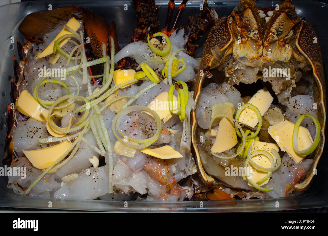 Kochen einige dornige Rock-Lobster (Langusten) und Steinpilzen. Die Krebse und Steinpilzen wurden alle von mir versammelt, Nahrungssuche und Schnorcheln. Stockfoto