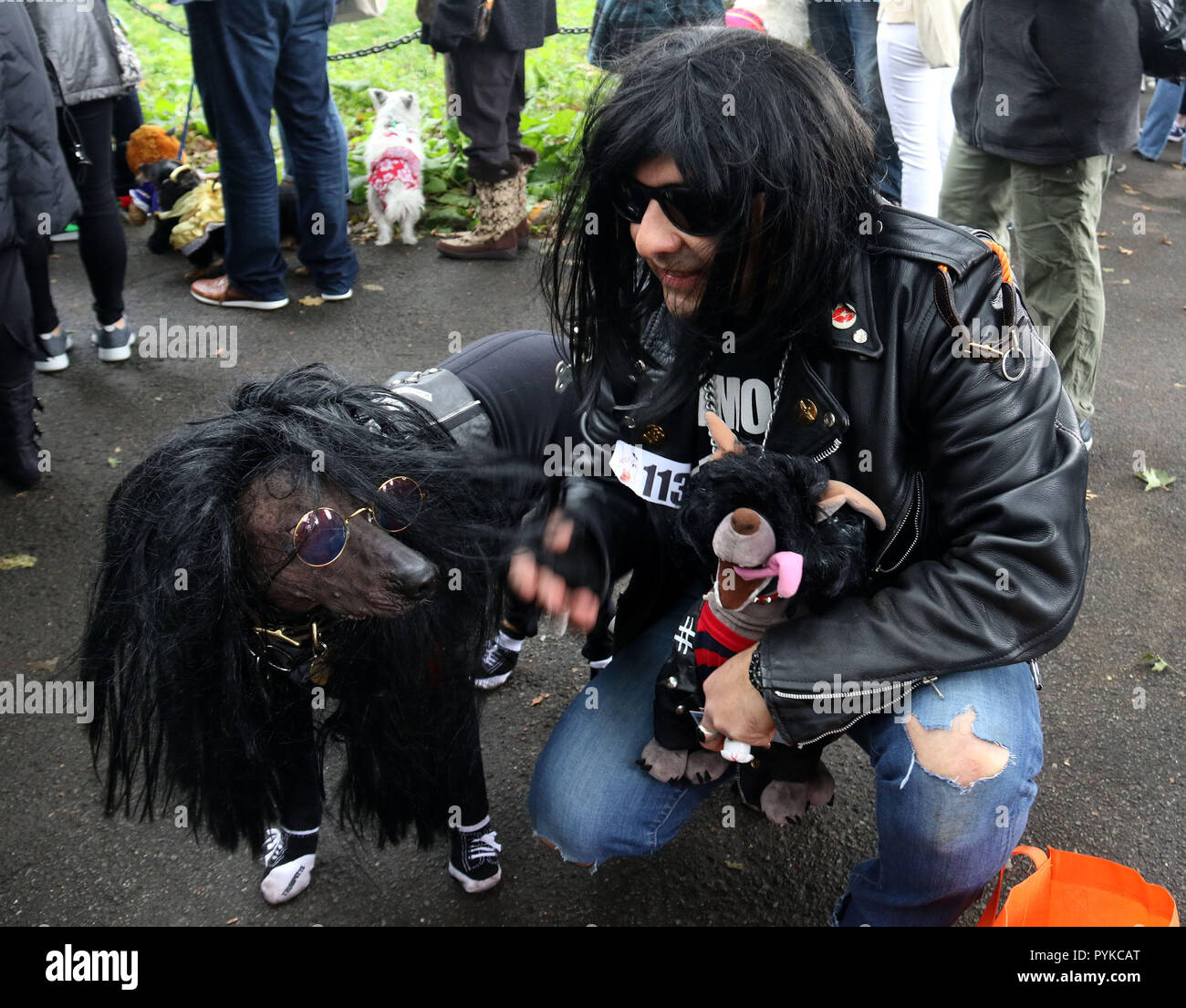 New York City, New York, USA. 28 Okt, 2018. Xolo der Hund gekleidet, wie Joey Ramone von der Ramones, auf der 28. jährlichen Tompkins Square Park Halloween Hund Parade gesehen an den East River Amphitheater statt. Credit: Nancy Kaszerman/ZUMA Draht/Alamy leben Nachrichten Stockfoto